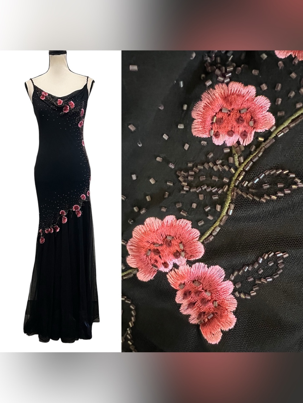 Vintage Xscape Silk Sheer Mesh Floral Embroidery Beaded Fairy Maxi Slip Dress